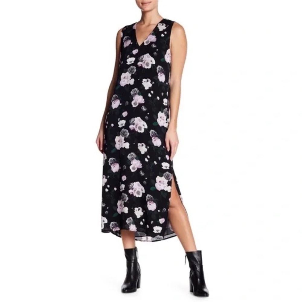 Equipment Midi Silk Slip Dress Black w/Floral Print Sleeveless V-Neck Lined Sz L